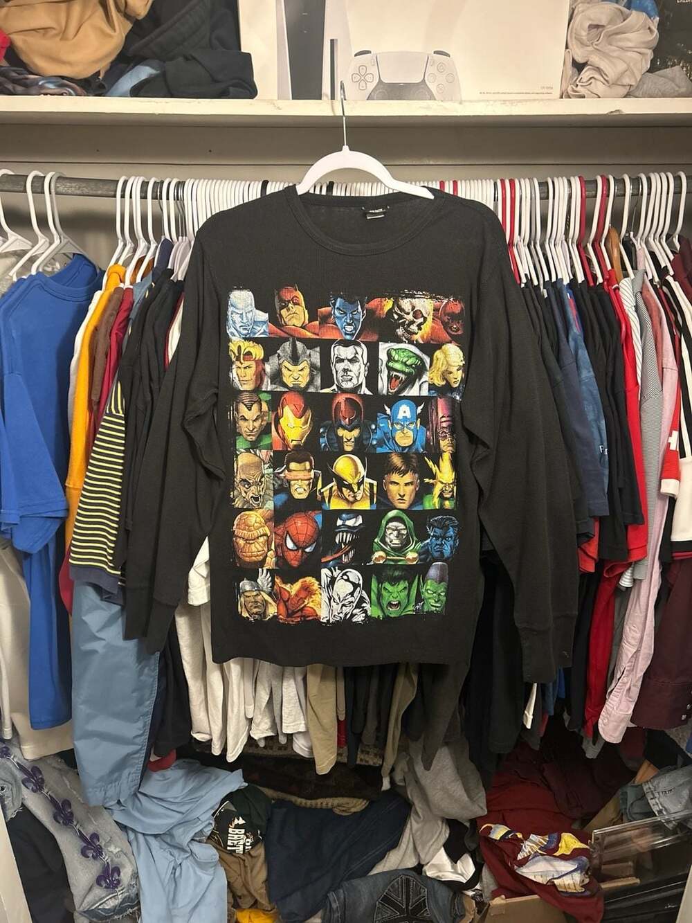 Vintage Marvel Comics Characters Grid Graphic Thermal Long Sleeve Shirt